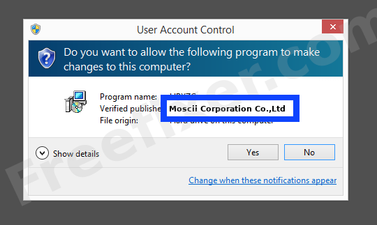 Screenshot where Moscii Corporation Co.,Ltd appears as the verified publisher in the UAC dialog
